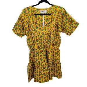Maisie womens medium floral yellow pink v neck tassel draw string mini dress NWT